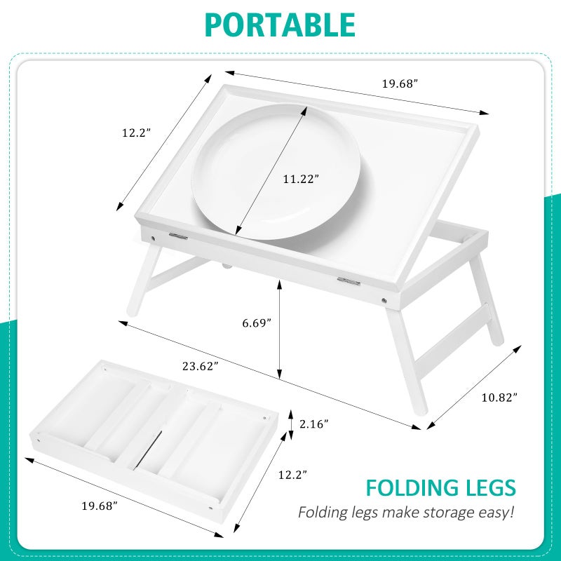 Artmeer Bamboo Lap Desks Bed Table White Breakfast Tray with Folding Legs Kitchen Serving Tray for Notebook Computer Bed Platters Desk Snack Tray(White) - Image 2